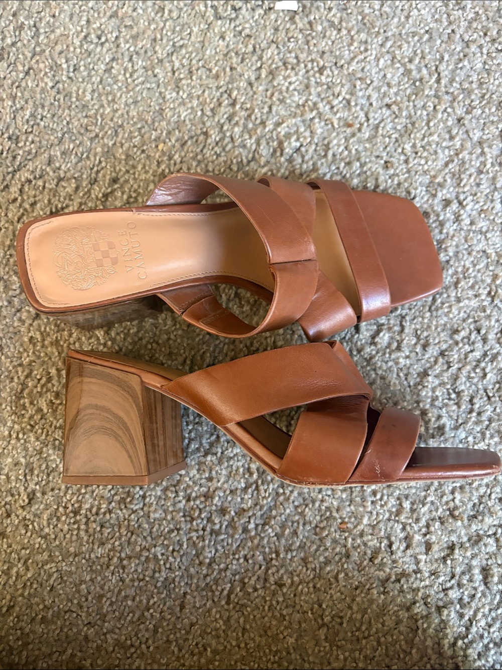 Vince Camuto Cognac Brown Leather Cross-Strap Block Heel Mules